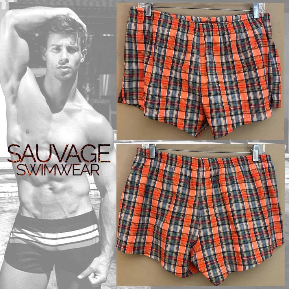 Sauvage Plaid Stretch Swim Trunks XL 36-44" waist 3.5" inseam Gently worn